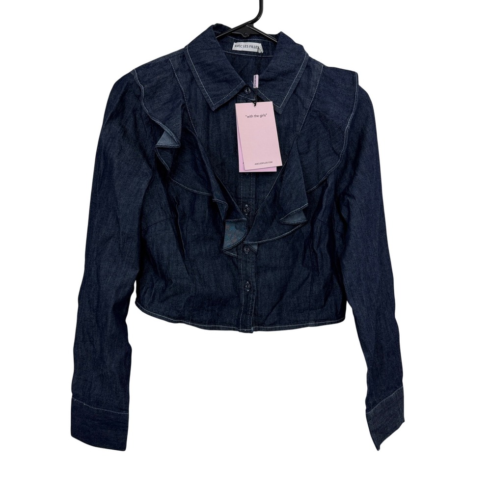 Avec Les Filles Shirt Womens Size Small Blue Denim Ruffle Front Cropped Top